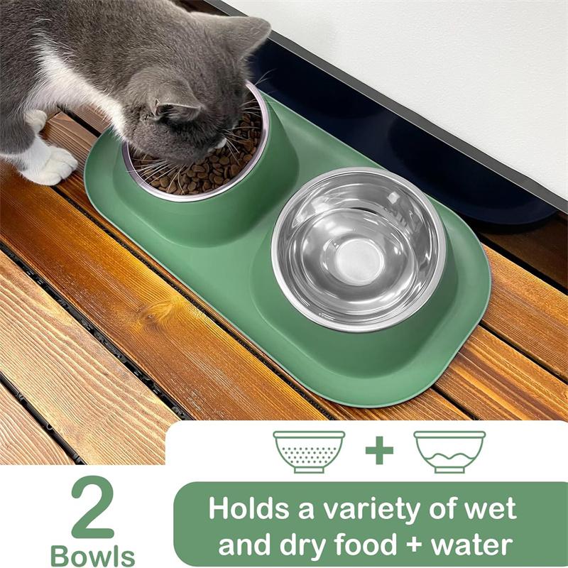 Základní sada misek na jídlo a vodu pro psy a kočky, 2 vyjímatelné nerezové krmné misky s protiskluzovým plastovým stojanem odolným proti úniku