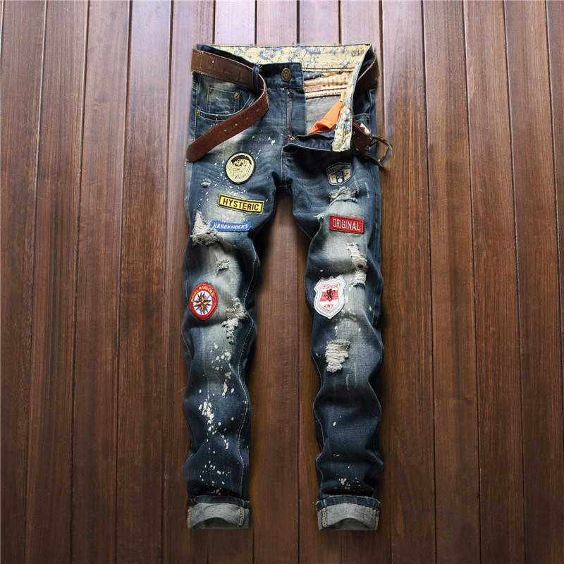 European And American Men'S Ripped Jeans Badge Straight Leg Slim Fit Jeans Splashed Ink Distressed Trendy Pants