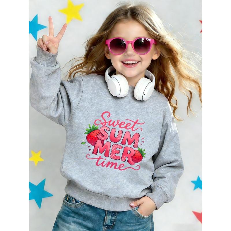 European sizes Cute Strawberry Print Pattern Kids' Spring Lightweight Crew Neck Sweatshirt, Comfortable Outdoor Wear Choice for 0-3 Years Old