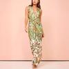 Elegant V-Neck Printed Satin Slim Fit Sleeveless Split Hem Maxi Dress Women