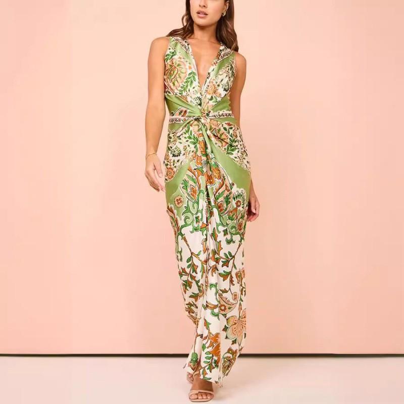 Elegant V-Neck Printed Satin Slim Fit Sleeveless Split Hem Maxi Dress Women