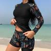 Western Style Women's Two Piece Tankini Swimsuit Long Sleeve Printed Color Blocked Design with Double Layered Waistband