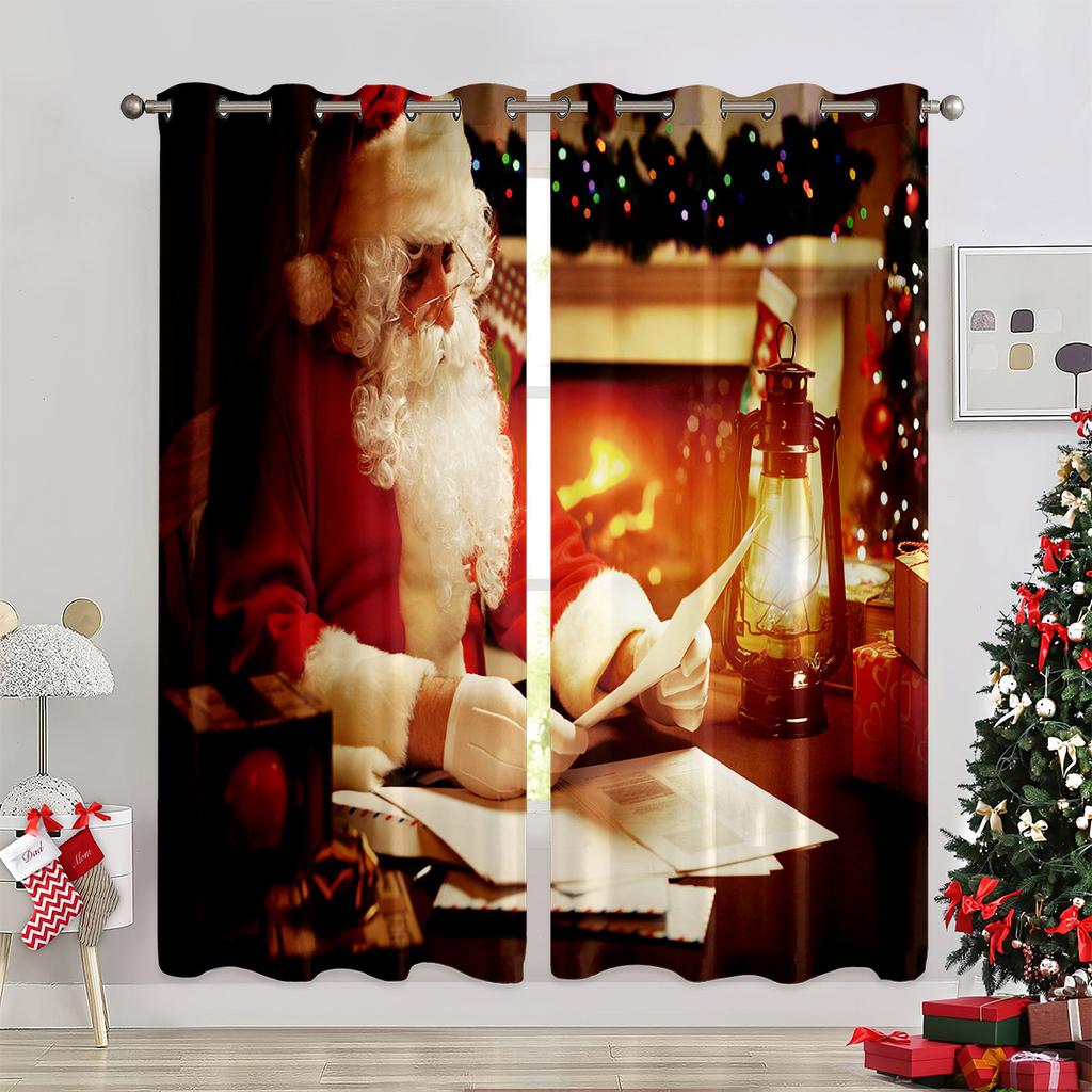 Christmas Decoration Warm Fireplace Curtains Christmas Santa Christmas Tree Children's Room Decoration Bedroom Living Room 2 Pcs