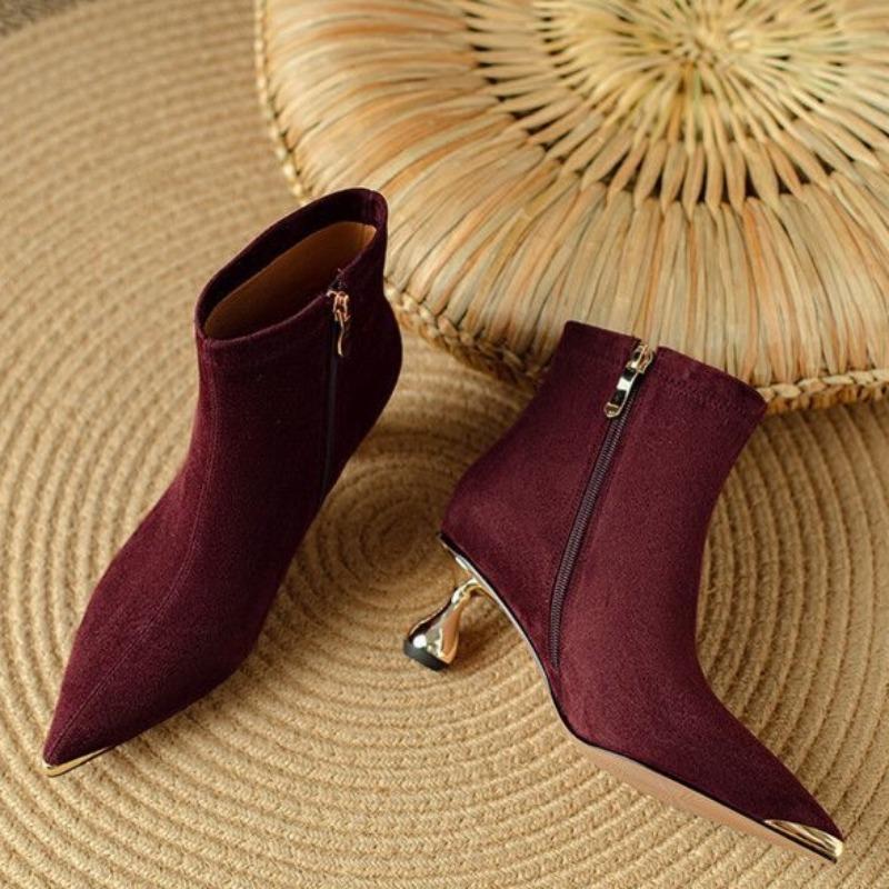Fashion Women's Thin Heel Single Boots Winter New Metal Pointed Splicing Suede Side Zipper Anti-slip Wear-resistant Short Boots