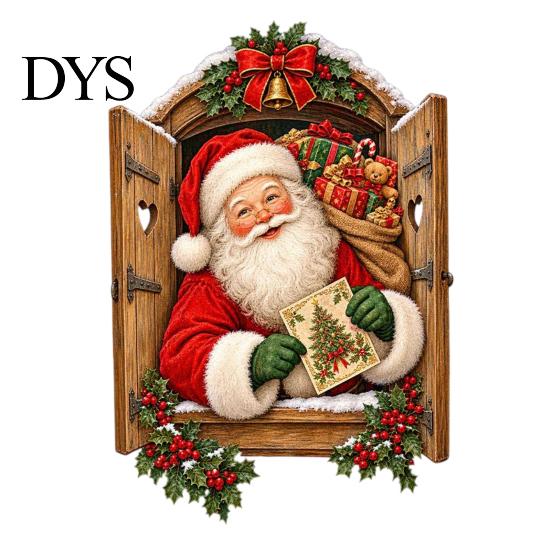 Self Adhesive Glass Stickers 3D Santa Claus Christmas Wall Sticker, Vintage Through Wooden Window Decal, Seasonal Home Decorations Removable Peel And