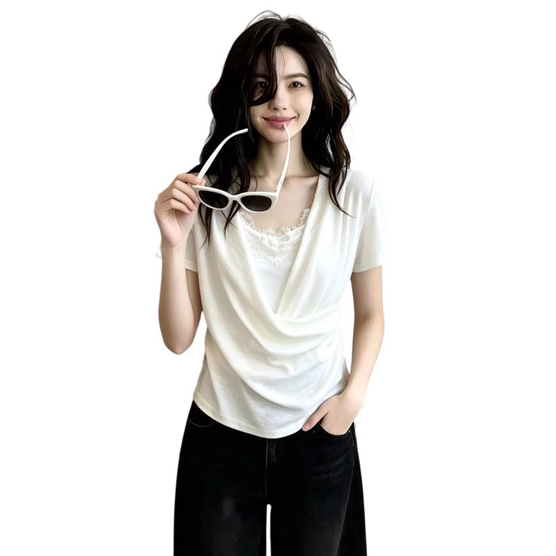 La Chapelle Women s Pleated Drape Neck Short Sleeve Top L