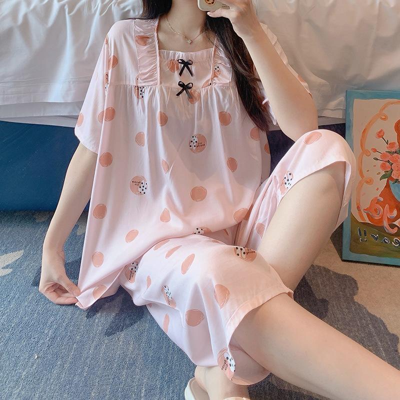 Summer New Printed Cotton Pajamas for Women, Sweet and Cute Short-sleeve Casual Girls' Loungewear, Suitable for Outerwear In Spring and Autumn
