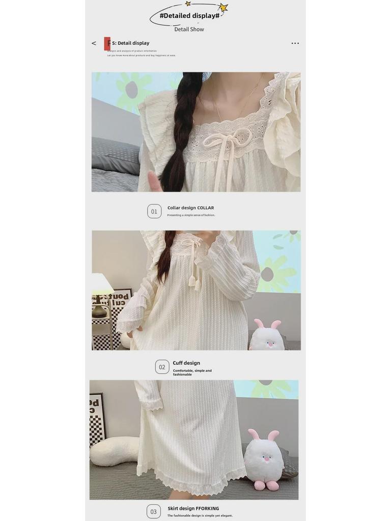 6535 Jacquard Cotton Pajamas - Women's Sweet Long-Sleeve Mid-Length Nightdress, Plus Size (Up To 220 Lbs) for Spring & Autumn