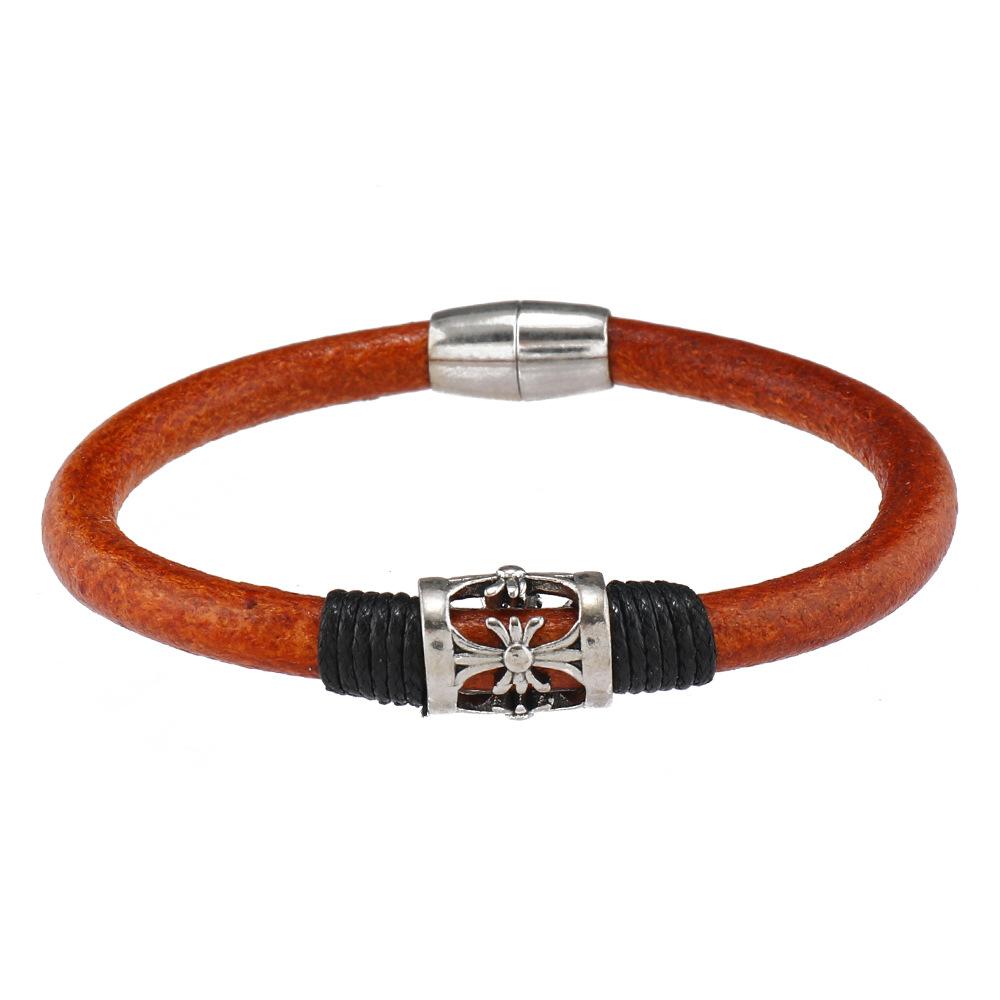 Skeleton Floral Leather Bracelet Men Women Vintage Silver Jewelry Alloy Magnetic Clasp Men Brown Cowhide Wrist Armband
