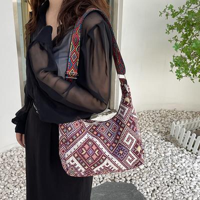 Women Ethnic Crossbody Bag Canvas Shoulder Bag with Adjustable Strap Multicolor Hobo Sling Bag for Travel Work Street