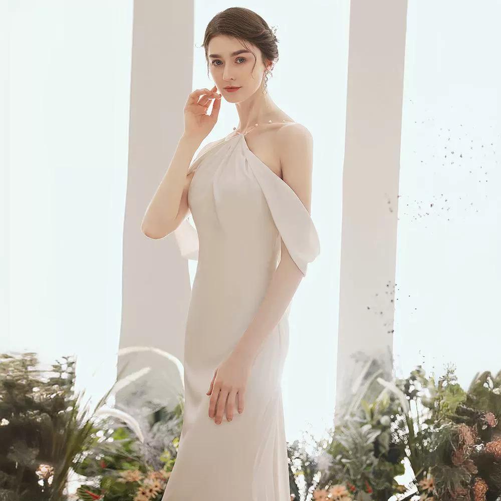 Light wedding dress 1011 new door dress simple atmosphere white satin French evening dress women's neck fishtail wedding dress