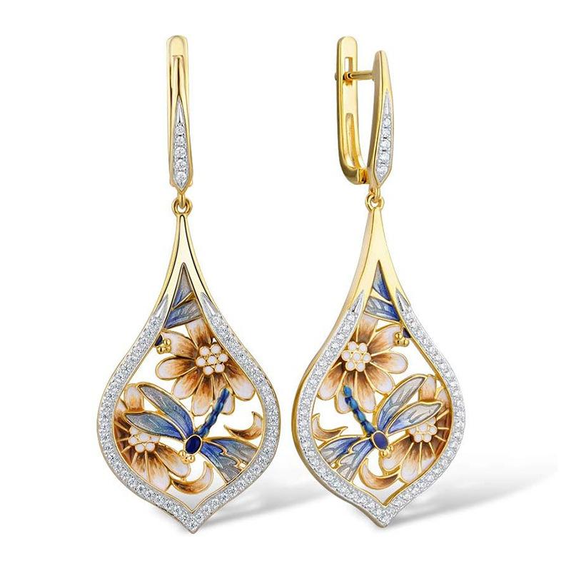 

2026 New Flower Dragonfly Painted Oil Earrings for Women, Handmade Enamel High-end Exquisite Chinese Countryside Accessories