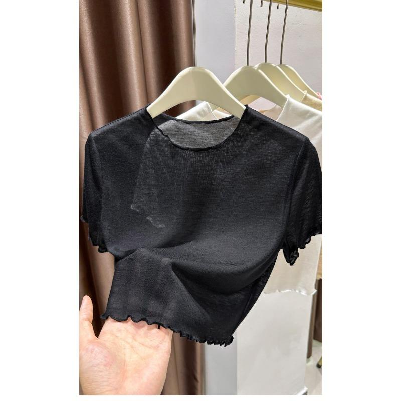 Women White Ruffle Cropped Slim Casual Short Sleeve T Shirt Top