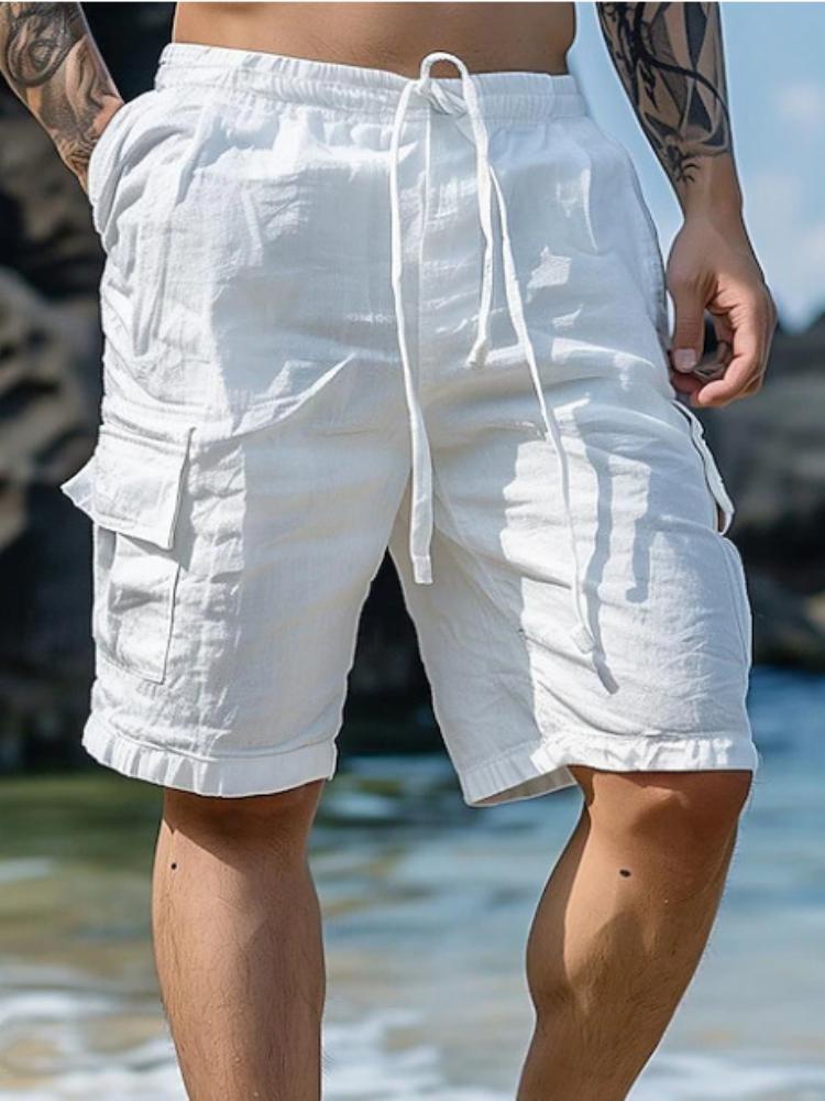 

Мужские пляжные шорты на кулиске, легкая льняная ткань, несколько карманов, S белый