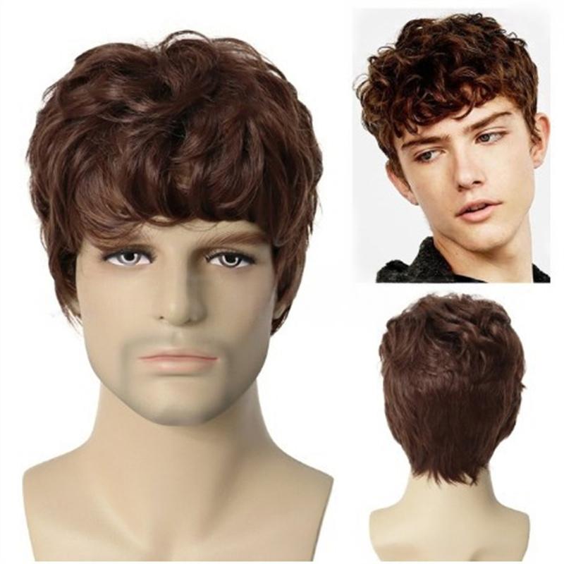 

Synthetic Natural Curly Wig Short Haircut Perm Curly Wigs for Men Brown Mixed White Wig with Bangs Gift for Father Old Man Wig