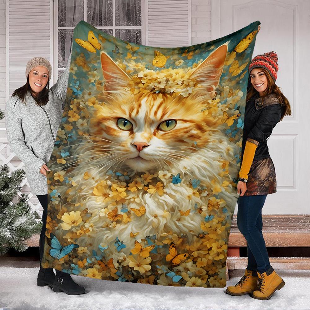 1pc Floral Cat Butterfly Print Outdoor Flannel Blanket , Machine Washable Perfect Gift for Birthday , Holiday Travel Accessory , Durable Material