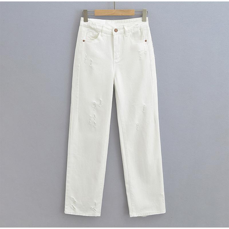 Mode Lässig Damen Voll Längen Locker Sitzende Jeans Gemütlich Mittlere Taille Abgenutzt Baggy Denim Hose Weiter Bein Hinten Aufgerissene Manschette Jean