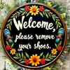 Welcome Please Take Off Your Shoes Metal Sign X Rustic Iron Wall Decor for Entryway Indoor Outdoor