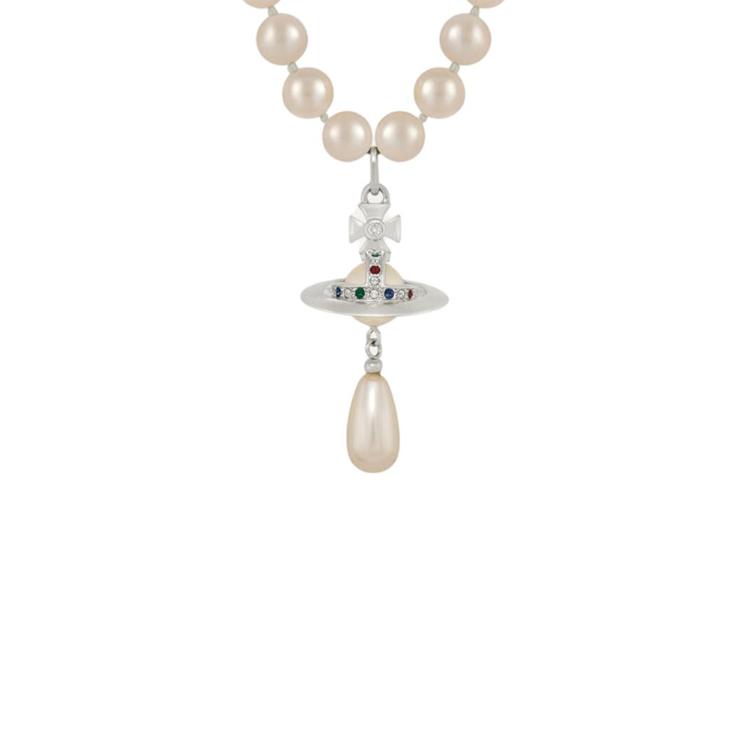 

Vivienne Westwood Inlaid Design Imitation Crystal Brass Glass Faux Pearl Necklace Women necklace Silver 8050889140115 Basic Packaging-Dust Bag+Box