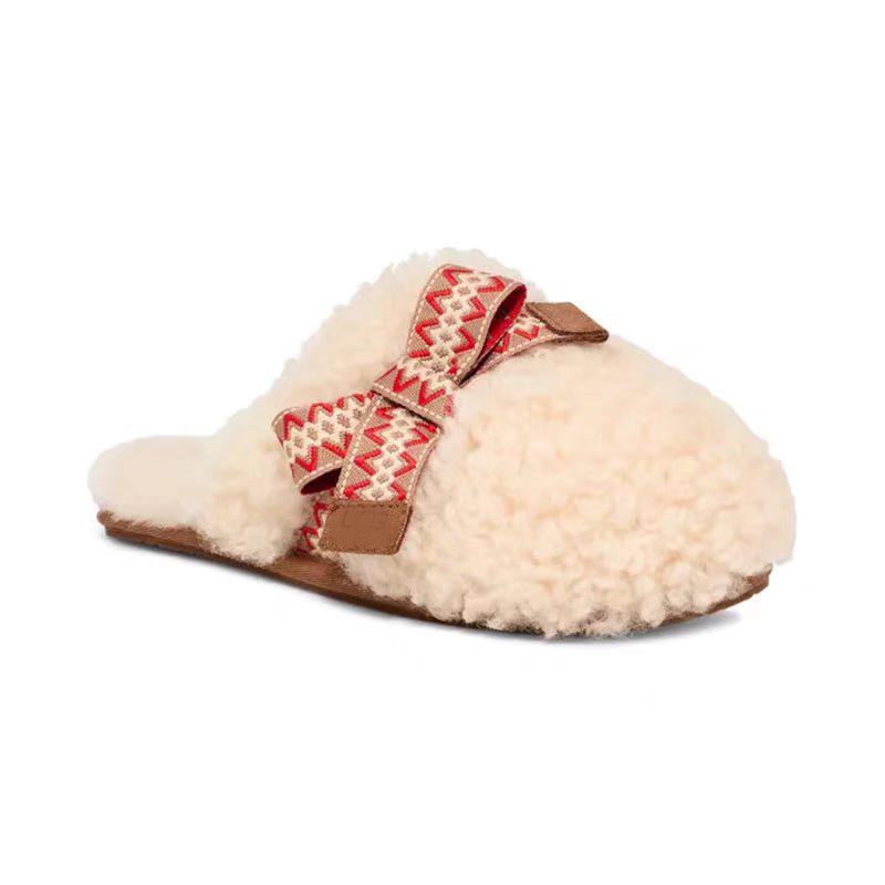 

~ Bow-tied lamb wool half-slippers women wear autumn and winter one-pedal flat-bottomed cotton slippers 40