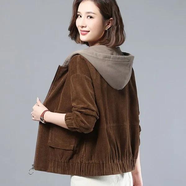 Women's Corduroy Jacket Spring Autumn Loose Mom Korean Version Hooded Short Thin Coat Large Size Casual Style