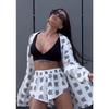 2024 Women's Loose Long-Sleeve Print Pajamas & High-Waisted Shorts Set