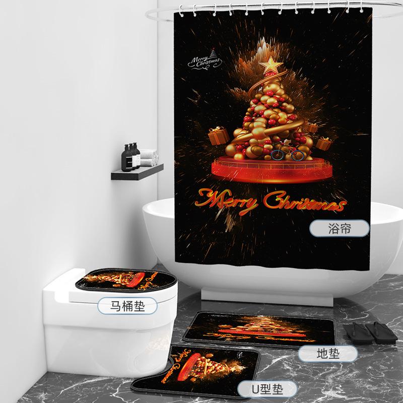 Bathroom 4-Piece Christmas Digital Printing Bathroom Non-Slip Mat U-Mat And Shower Curtain Set