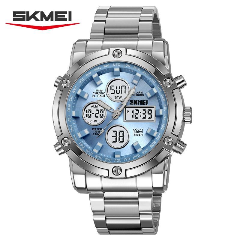 Dual Display Electronic Watch, Multi-function Steel Strap, Large Dial, Three-time Men's Waterproof Watch