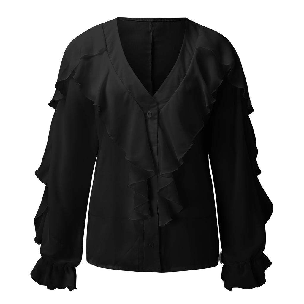 VEZFAA Women's Fashion Casual Spring Autumn Solid Color Print Long Sleeve V-Neck Blouses & Shirts