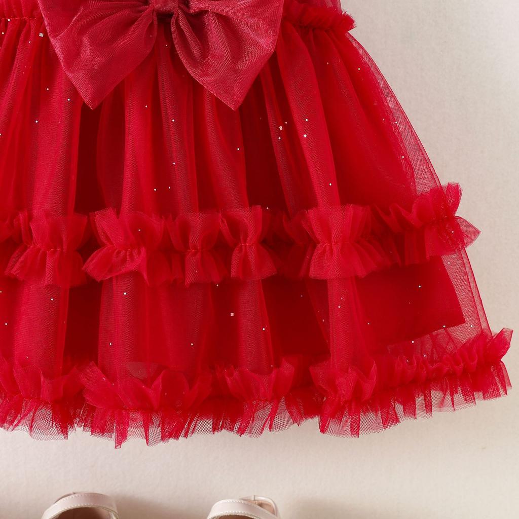 Abito alla moda per bambina con fiocco e maniche a sbuff in rete, Abito per bambini stile torta principessa