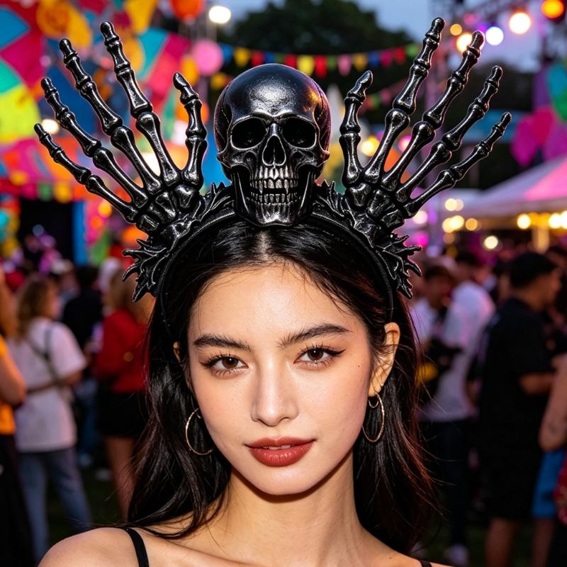 Halloween Skull Headband Complete Costume Hair Accessory with Black Skeletal Hand Design for Cosplay Parties and Photo Booth Styling
