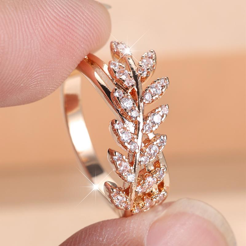 Anelli vintage con foglia di zircone bianco per donna, anello di fidanzamento di lusso color oro rosa per matrimonio
