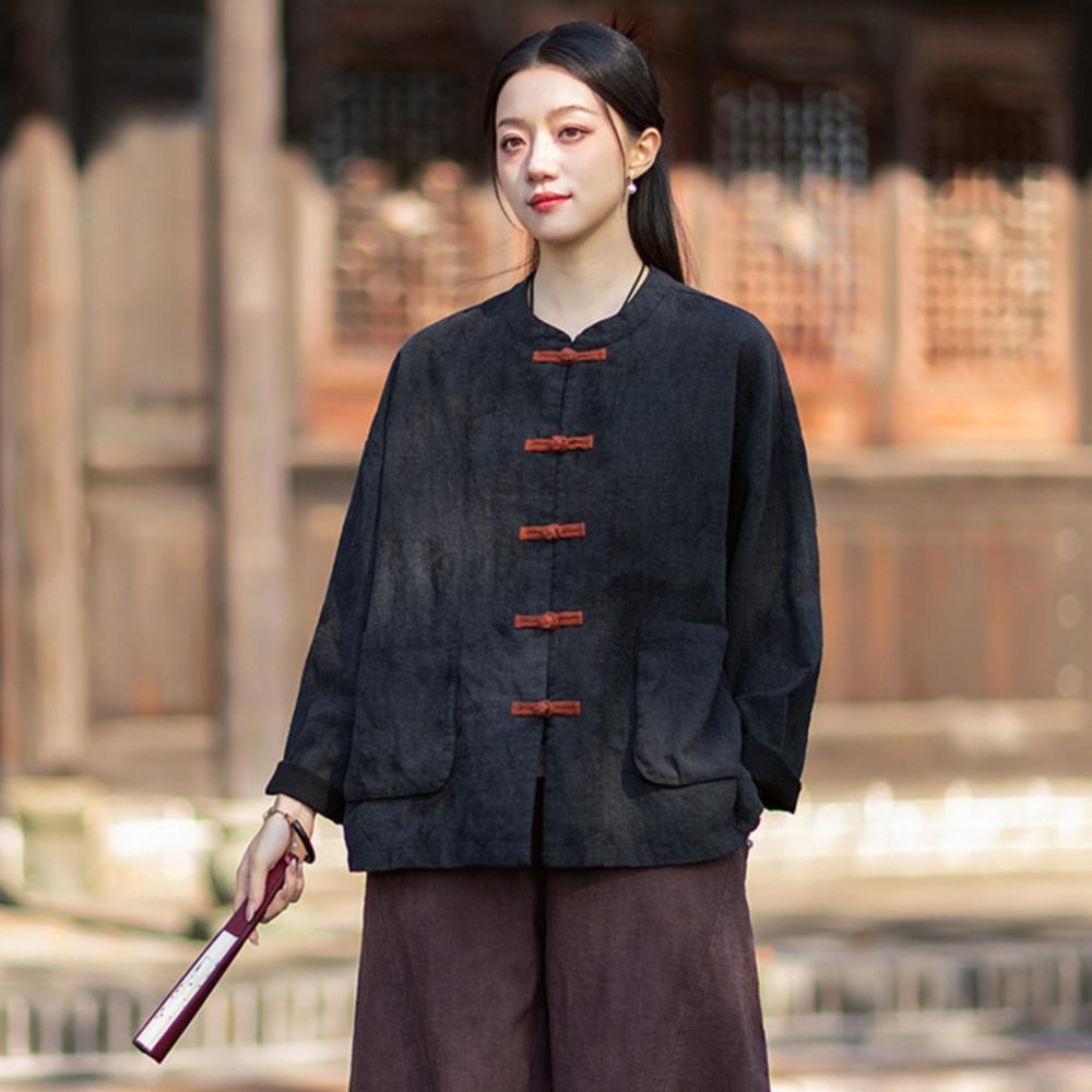 Women Vintage Shirts Tops Stand Long Sleeve Spring Chinese Style Button High Quality Cardigan Blouses