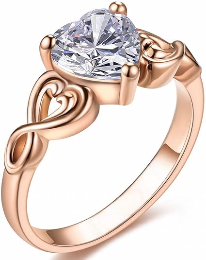 18K Rose gold Plated Love Heart Cubic Zirconia Promise Halo Engagement Promise Eternity Valentine's Day Ring for Women Size 6-10