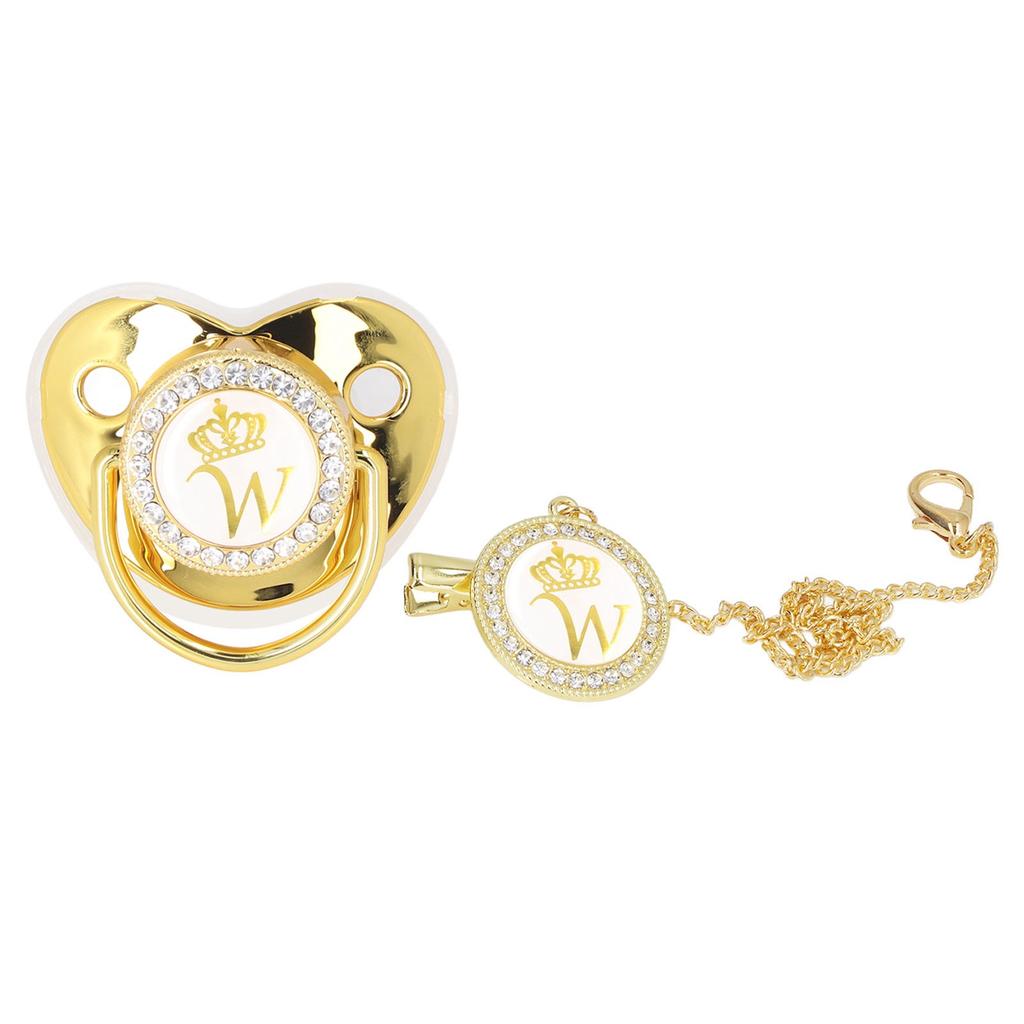 Baby Pacifier Infant Portable Exquisite Golden Crown Letter Rhinestone Pacifier with Chain Clip