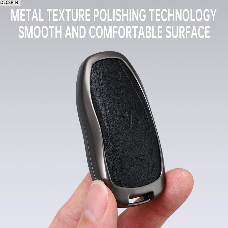 Zinc Alloy+ Leather Car Smart Key Cover Case Shell Fob For Tesla Model 3 Model Y X S Key Shell Bag Holder Protector Accessories