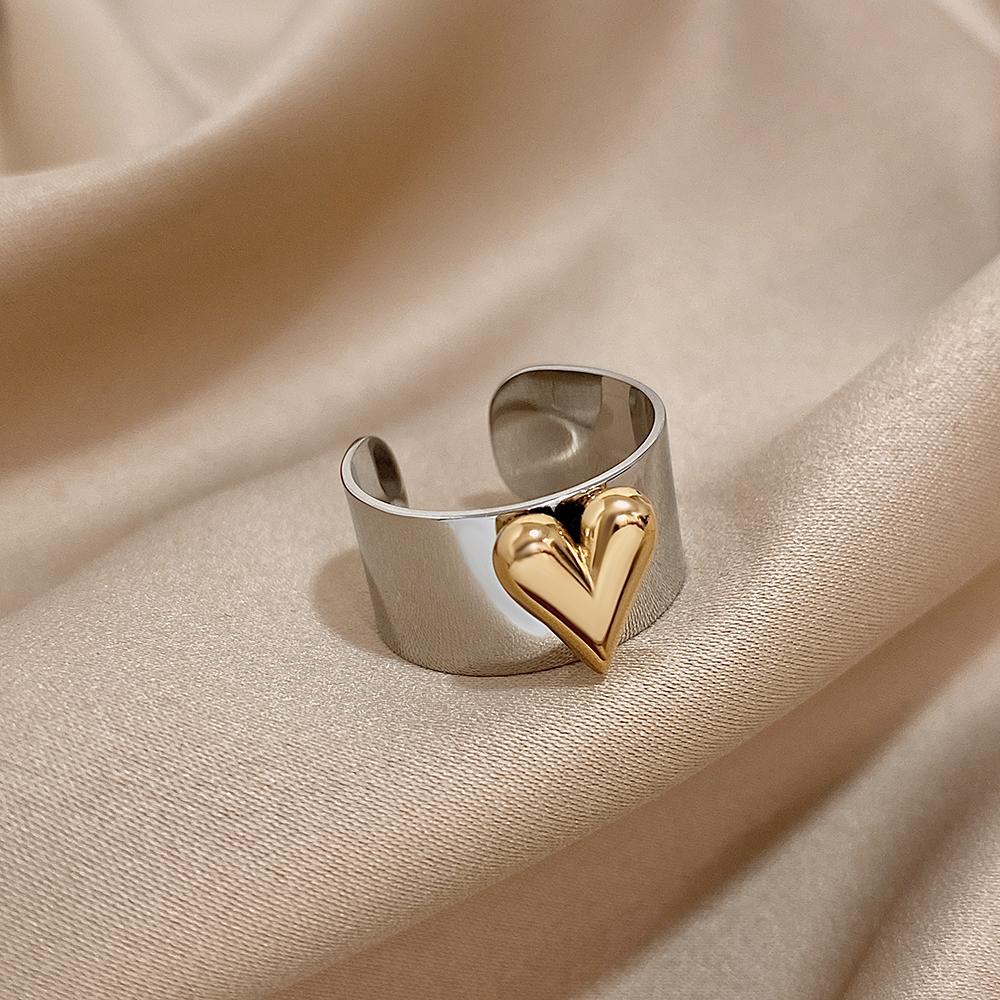 Flashbuy Stainless Steel Rings for Women Gold copper Color Love Heart Open Ring Statement Fashion Zircon Gift