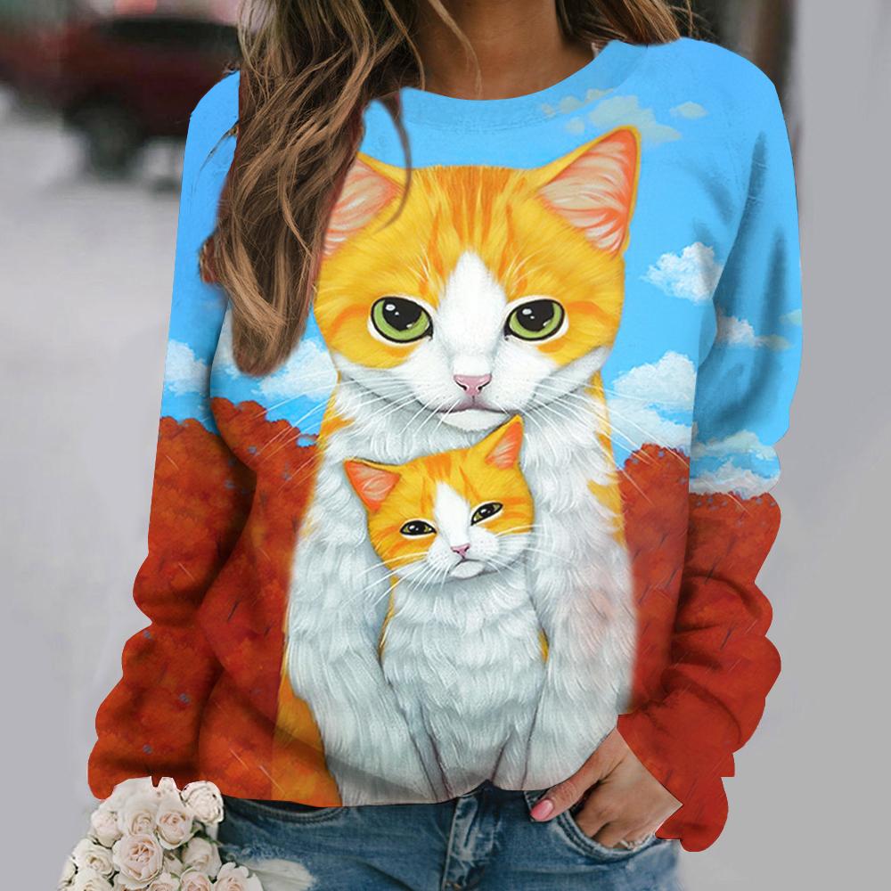 Tricouri pentru femei cu imprimeu cu pisici cu anime Pulover stil vintage din bumbac cu decolteu O Y2k cu mânecă lungă Îmbrăcăminte de damă Pulover de stradă supradimensionat