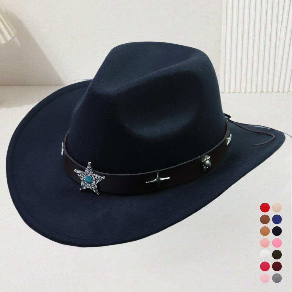 European and American Woolen Hat Women's Western Retro Cowboy Hat Men's Five-pointed Star Ethnic Style Decorative Flat Top Top Top Hat