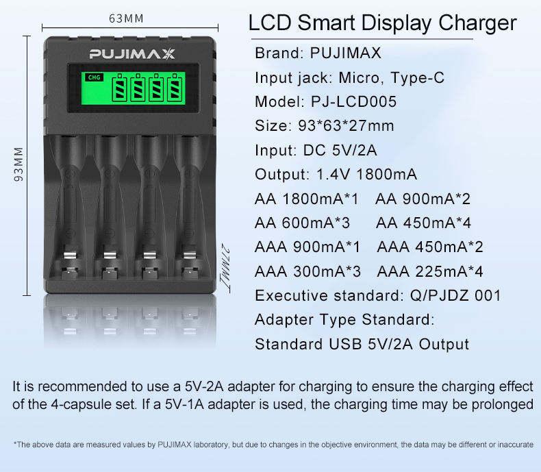 PUJIMAX LCD Intelligent Display Charger PJ-LCD005 for 1-4 AA/AAA Ni-MH/Ni-CD Batteries
