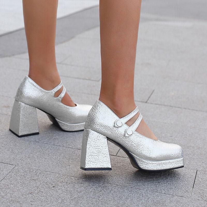 2025 New Spring Women's Pumps 9.5cm High Heels PU Leather Square Toe Women Platform Mary Jane Shoes Plus Size 34-43 WSH5044