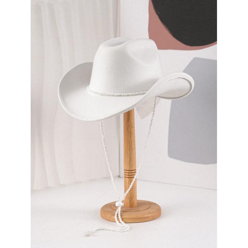 Womens Wool-Blend Western Cowboy Hat With Pearl Beaded Cord High Crown Curved Brim All-Season Fashionable Sun