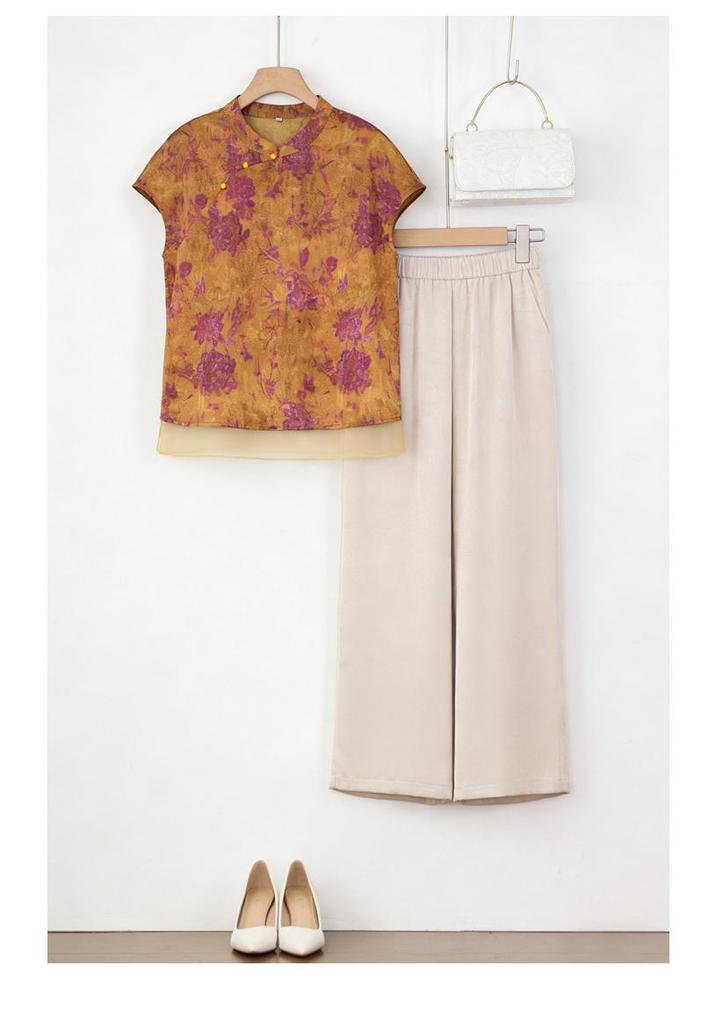Summer Casual Chinese Style Suit: Diagonal Lapel Top with Frog Buttons for Middle-Aged Women - Lightweight Two-Piece Set