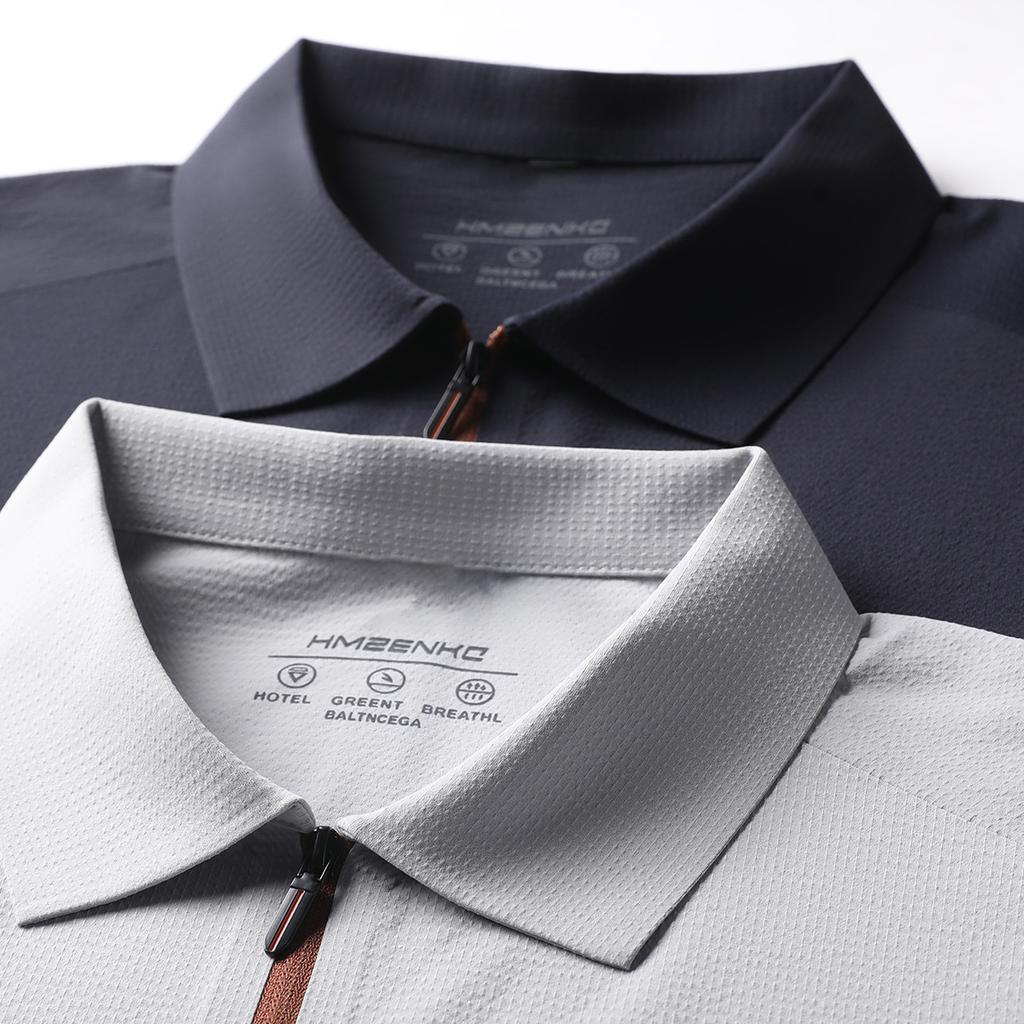 10A Antibacterial Zipper Top Texture Brocade Ammonia Four-sided Elastic Cooling Sunscreen Men's Short-sleeved Polo Shirt