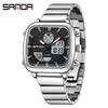 SANDA 9101 Fashion Men's Dual Movement Watch Square Dial with Steel Strap Multifunction Waterproof Casual Male Wristwatch Gift
