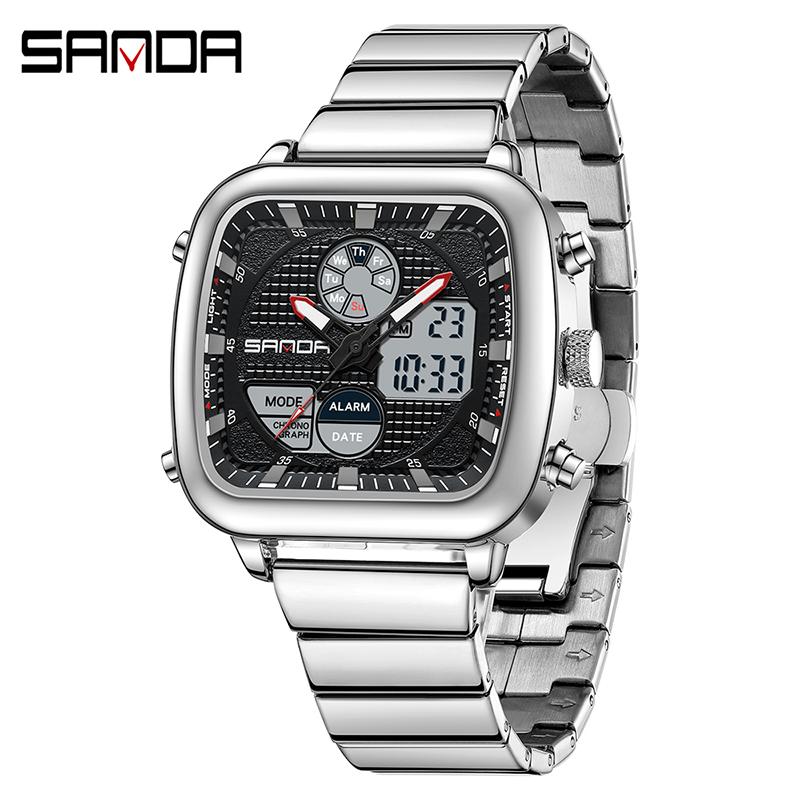 SANDA 9101 Fashion Men's Dual Movement Watch Square Dial with Steel Strap Multifunction Waterproof Casual Male Wristwatch Gift