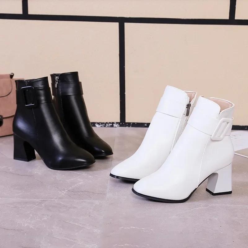 White Black Thick High Heel Ankle Boots Women  Pointed Toe Keep Warm Elegant Short Booties Ladies Ankle Buckle Decoration