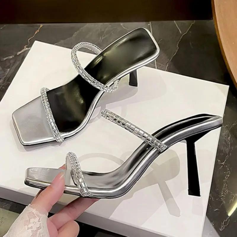 Fashion Eilyken Summer Hollow Out Crystal Diamond Slippers Women Fashion Square Toe Thin Heels Stripper Sandals Shoes Zapatos De Mujer