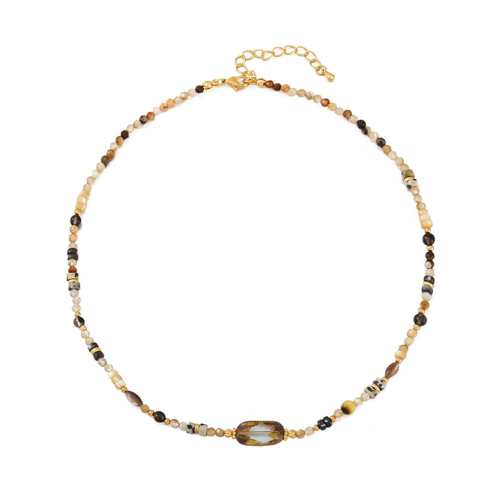 GEMCHIC Women s Natural Stone Shell Beaded Necklace Titanium Steel Eight-Pointed Star Pendant Layered Chain