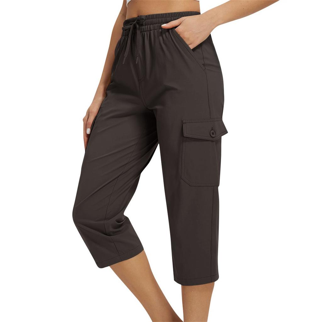 Damen locker sitzende High-Waist Wanderhose mit elastischem Bund, leicht, mit zwei Taschen, lässige Capri-Hose für Outdoor-Aktivitäten
